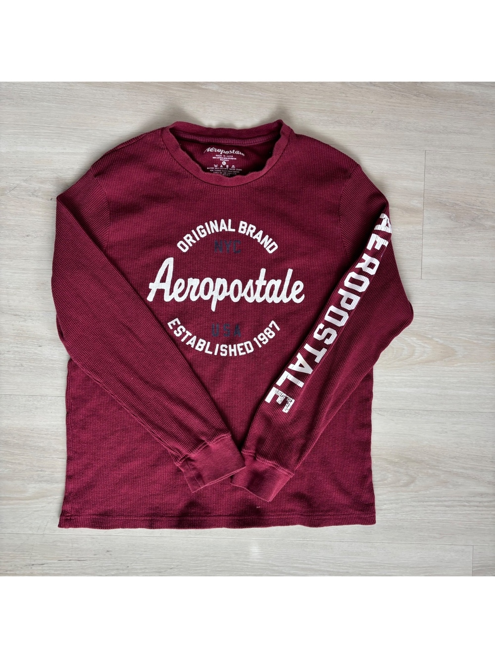Aeropostale Mens XL Burgundy Thermal Waffle Knit Graphic Long Sleeve Shirt Y2K